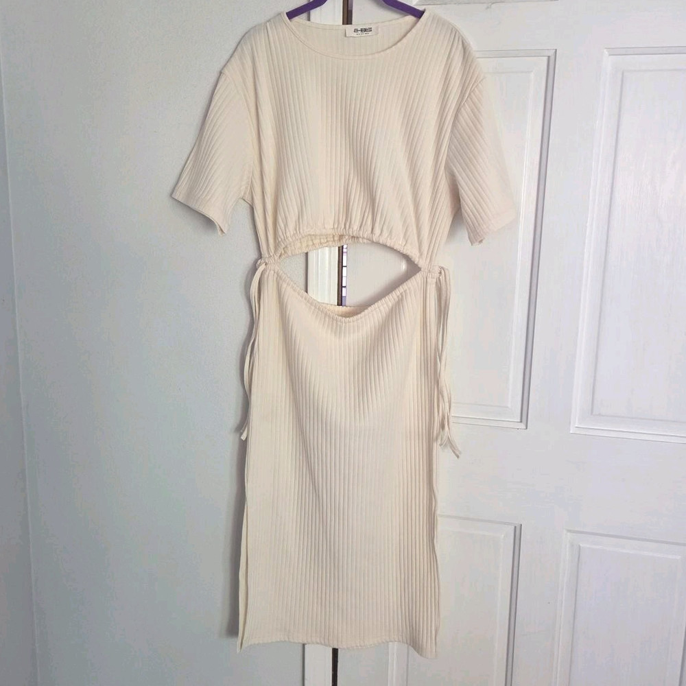 4TH + RECKLESS Beige Ribbed Knit Bodycon Dress Cut Out Round Neck Midi M