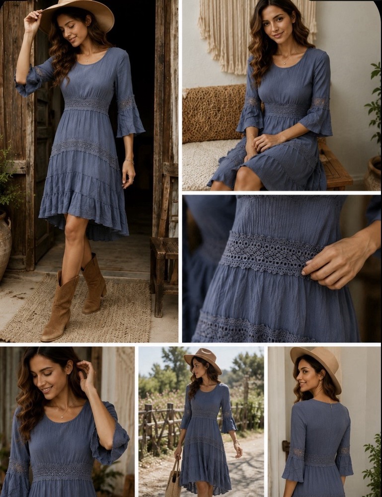 Solitaire Boho Cottagecore Blue Rayon Dress XS Crochet Lace Tiered Bell Sleeve