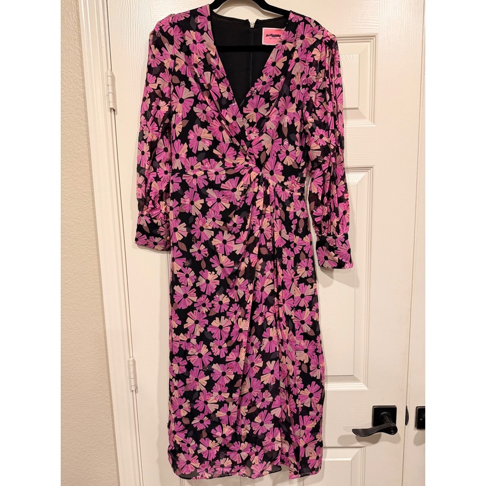 #B12 Kate Spade Midi Dress Sz. 2 Silk Floral Metallic Long Sleeve ptp 16&Prime; – 17&Prime;