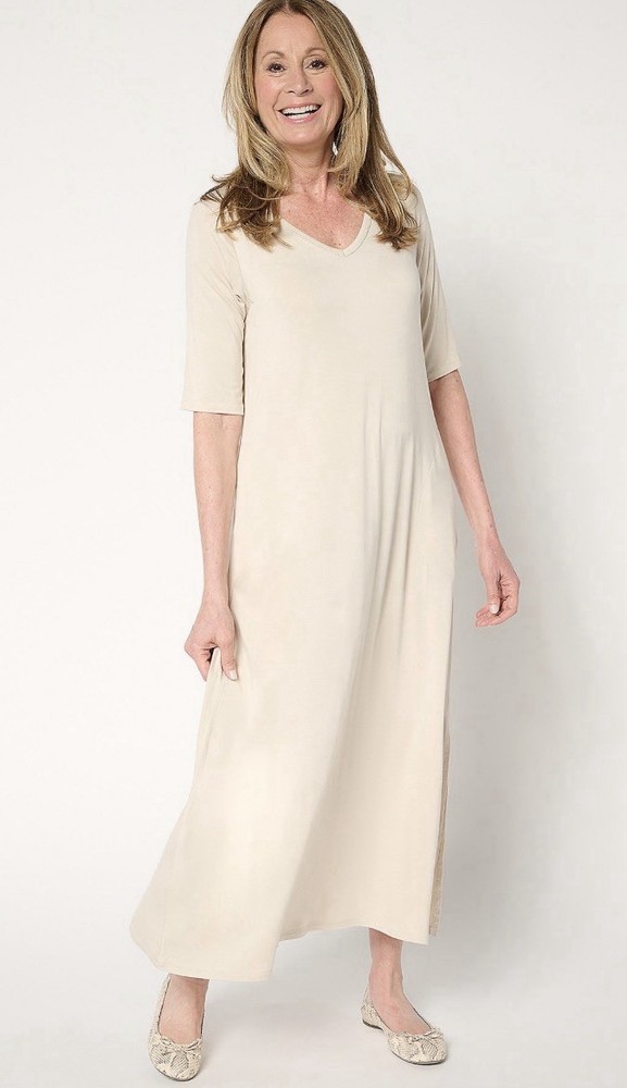 Belle by Kim Gravel Elbow Sleeve Maxi Dress Petite Size SP Sand Bar A683742