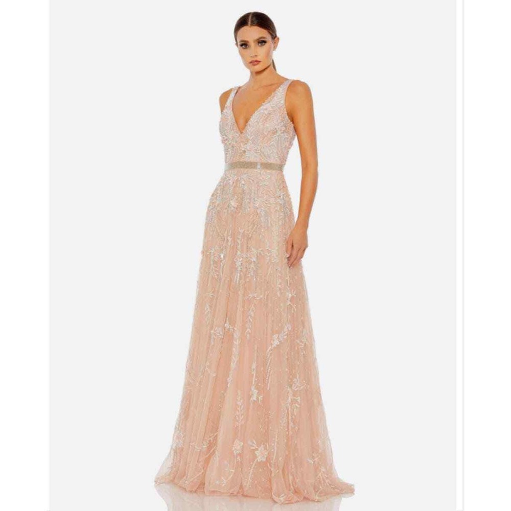 New Mac Duggal Embellished V Neck Blush Gown – Size 8 Style 5215