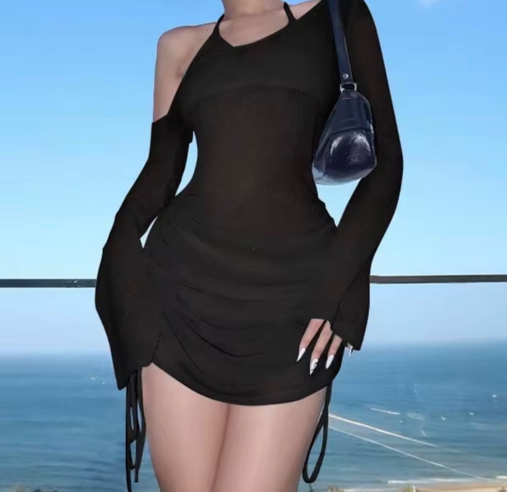 Solid Skew Collar Ruched Straps Lace-Up See Through Draw String Mini Dress 2025