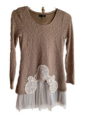 RYU TAN POM POM DRESS BOHO VINTAGE INSPIRED LACE/TULLE BOTTOM CROCHET FLOWER M.