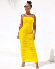 Women&rsquo;s Sexy Ruched Tight Strapless Sleeveless Bodycon Tube Maxi Long Club Dress