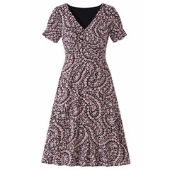Talbots Midi Dress Womens 10 Black Pink Floral Paisley V-Neck Puff Sleeve NWT