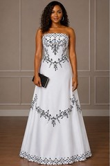 Vintage White Black Embroidered Strapless Evening Gown Formal Prom Ball Dress