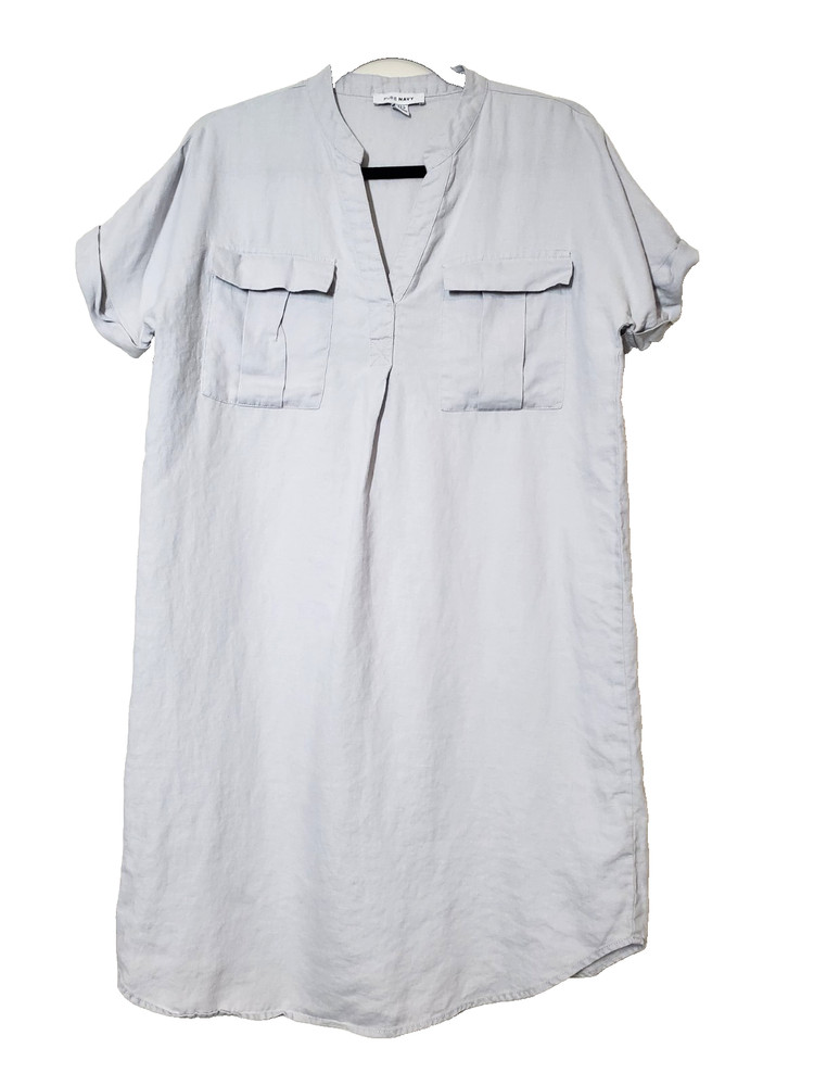 PURE NAVY 100% Linen Womens Small Shirt Dress Pockets Button Down Gray Shift