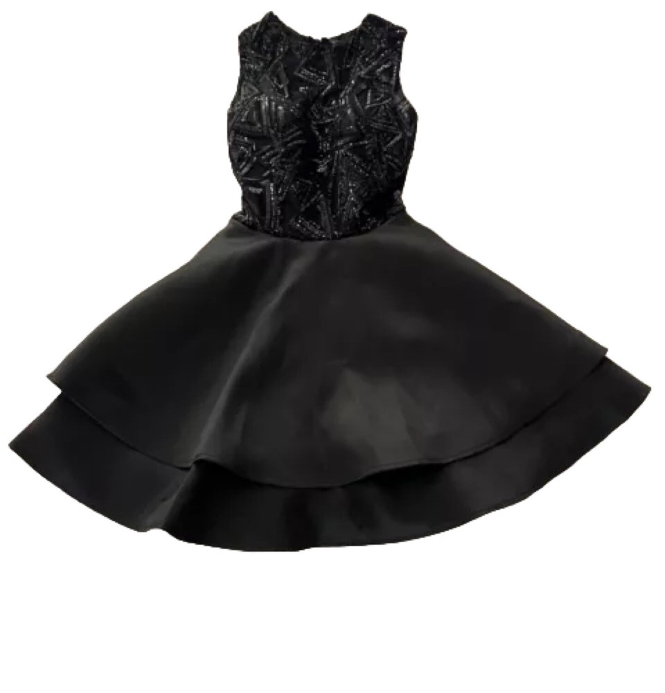 Jolene Size 2 Short A-Line Black Prom Party Dress Flared Tiered Sequin Open Back