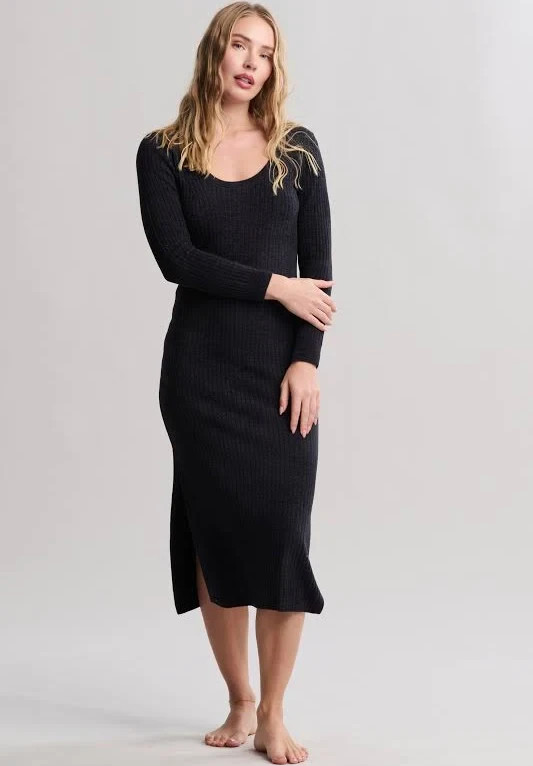 NEW Barefoot Dreams Cozy Chic Ribbed Midi Dress BLACK SIZE M/100% AUTHENTIC