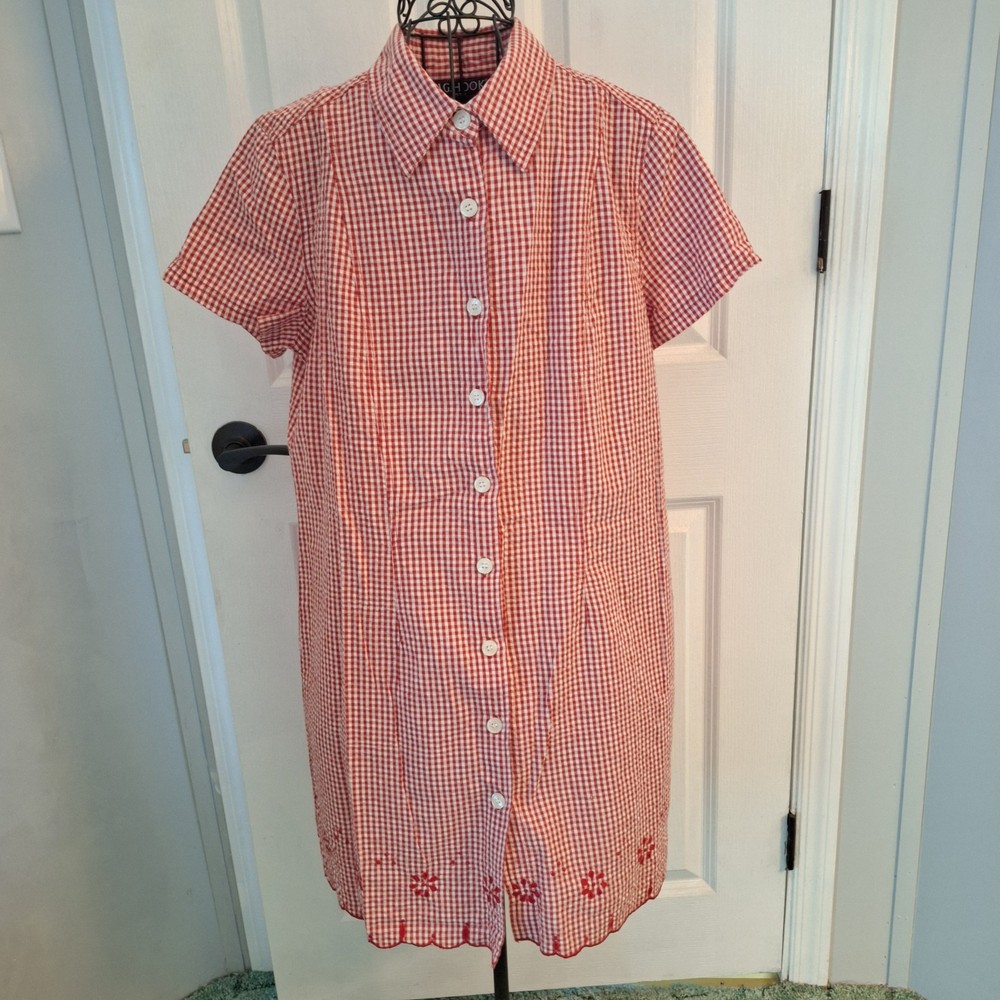 NWT JG Hook Button Front Shirt Dress 14P Red Gingham Seersucker Embroidered 90&rsquo;s