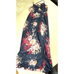 NININ Navy Floral Maxi Dress Spaghetti Strap V Neck Sleeveless Empire Waist