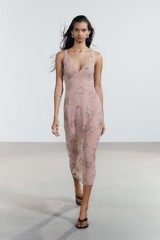 Zara Semi Sheer Sequined Beaded Midi Dress Purple Size: Large 4813/335/644