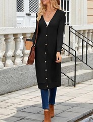 Womens Long Cardigan Lightweight V Neck Knit Button Hooded with Pockets Trendy