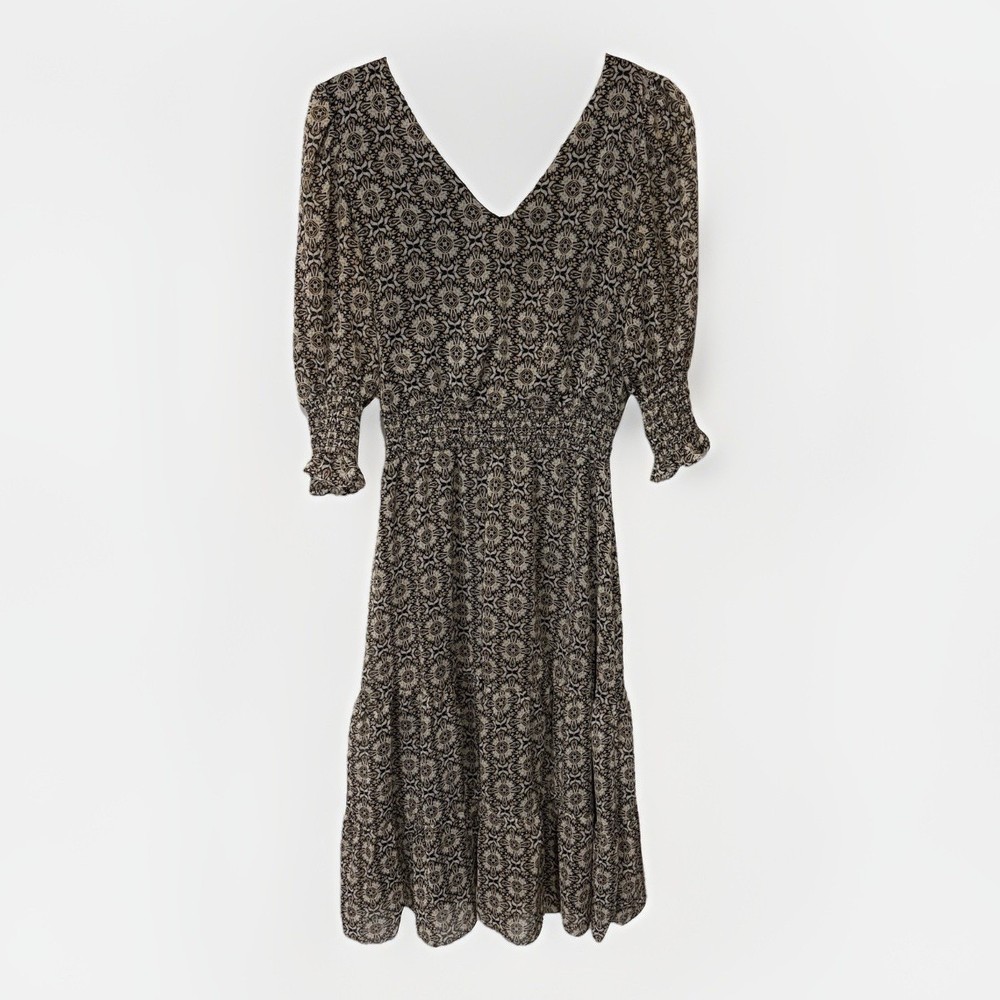 1State Paisley Printed V Neck Ruched Metallic Thread Boho Midi Dress Modest Sz S
