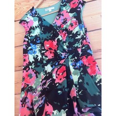 Faux Wrap Dress Womens Size 8 Pink Teal Abstract Floral Watercolor Sheath Cleo