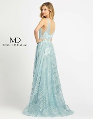 MAC DUGGAL Blue Green Beaded Embroidered Shimmer Chiffon Maxi Dress Gown 10 US