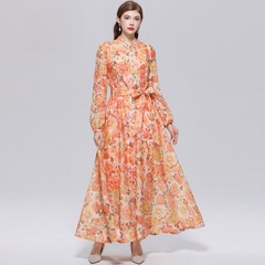 Spring Fall Vintage Floral Print Mock Neck Long Sleeve Women Casual Party Dress