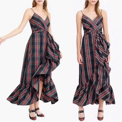 J. Crew Stewart Tartan Plaid Faux Wrap Ruffle Midi Dress 16 NWT