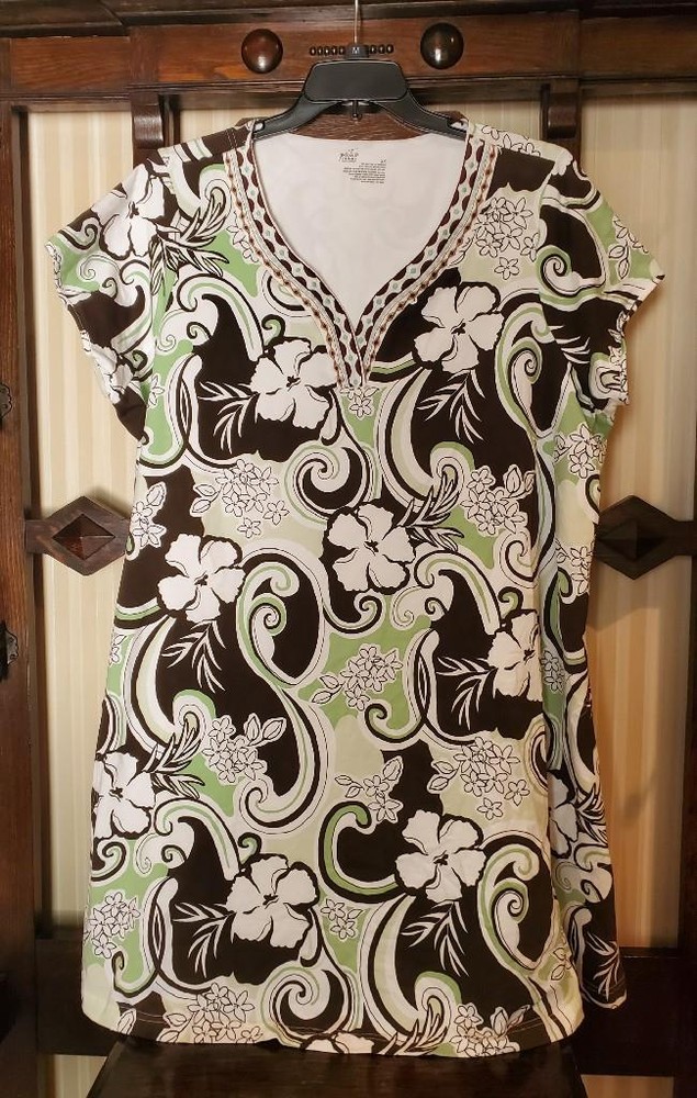 NWT CABERNET COTTON SPANDEX SHORT CAFTAN MUU PATIO HOUSE DRESS GRN/BROWN 2X