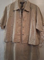 VTG Dress Positive Attitude 100% Linen Sz XL Embroidered Floral Khaki Maxi 2 PC