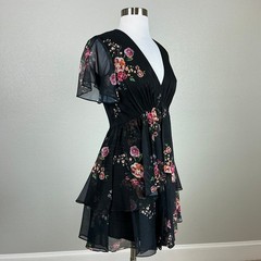 Mac Duggal 55673 Black Cocktail Dress Floral V-Neck Fit and Flare Mini Size 2
