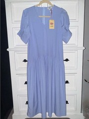 Entro Small NWT Light Blue Puff-Sleeve V-Neck Midi Dress