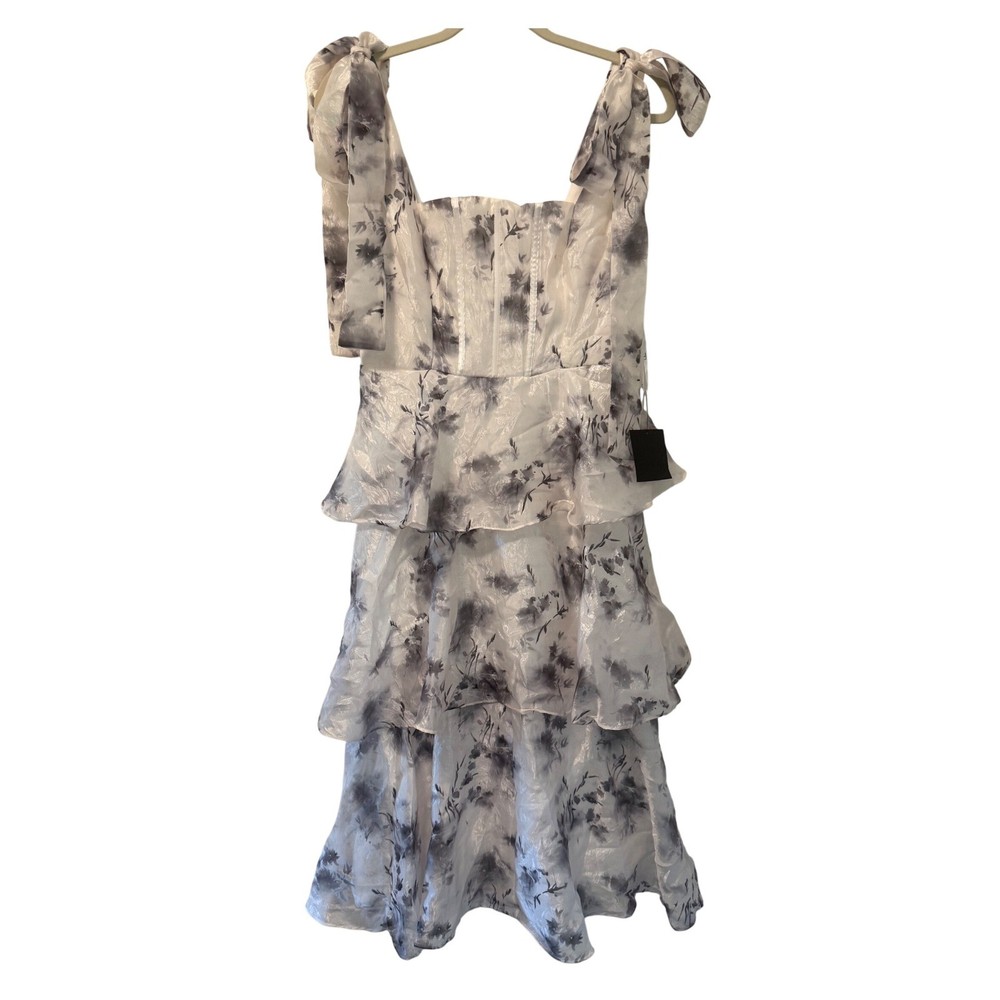 Lulus Women&rsquo;s Floral Print Corset Tiered Midi Dress Tie Strap White Gray