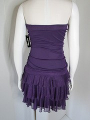 Sz M Vintage 90s Y2K Purple Glitter Ruffle Bow Ruched Tube-Top Strapless Dress