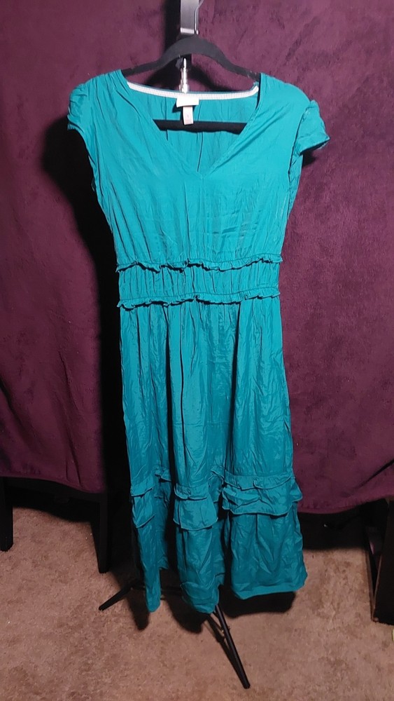 Knox Rose Teal Solid Scoop Neck Ruffle Short Sleeve Midi Dress Women’s Size S