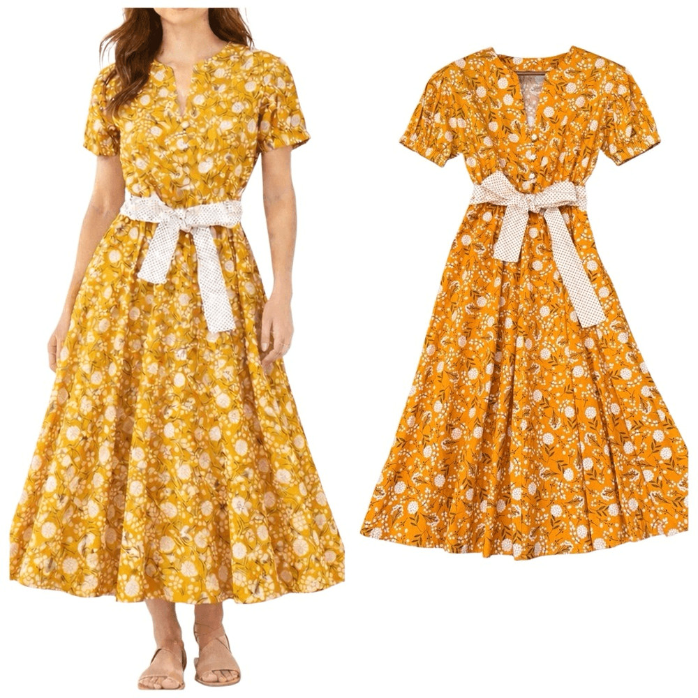 Mustard Yellow Floral Midi Dress Boho Cottagecore A-Line Elastic Waist Tie Belt