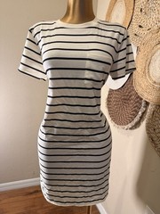 Thread & Supply Off-White Black Striped Knit T-Shirt Shift Dress Pocket L