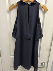 Veronica M Navy Solid Mock Ruffle Neck Sleeveless Layered Mini Shift Dress M