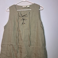 AD 100% Linen Sleeveless Midi Dress Side Pocket Olive Green Sz M Casual Summer