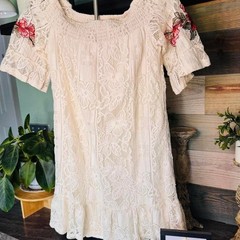 Women&rsquo;s Boho Lace Off Shoulder Dress Floral Embroidered Mini Cream Festival