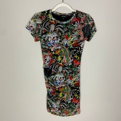 Ed Hardy Tattoo Print Mesh Mini Dress Womens Small Ruched Skull Cyber Grunge