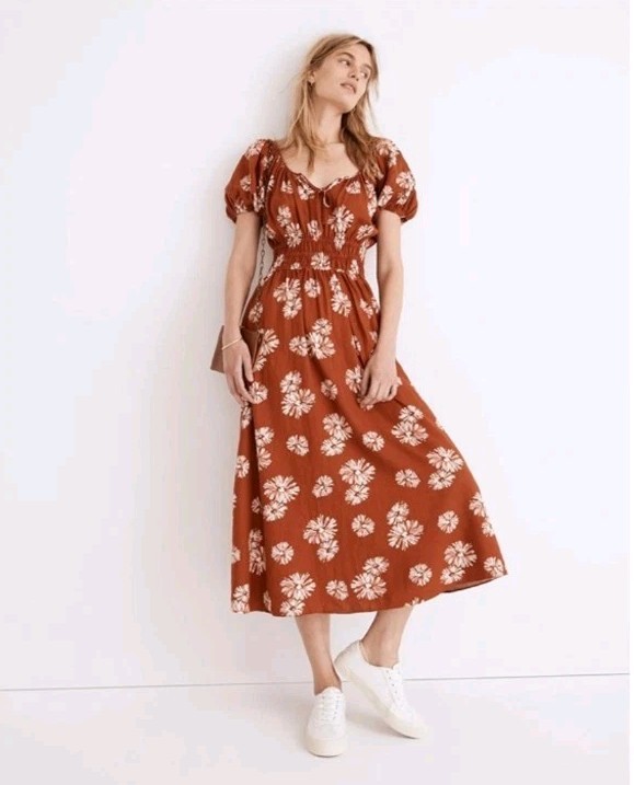 Madewell Sophia Linen Blend Floral Puff Sleeve Midi Dress Rusty Torch Orange NWT