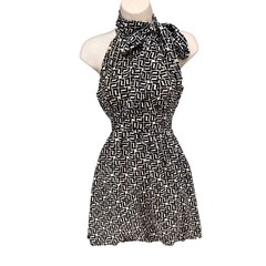 Shoshanna Silk Halter Mini Dress Black Cream Geometric Tie Neck Fit Flare Size 0