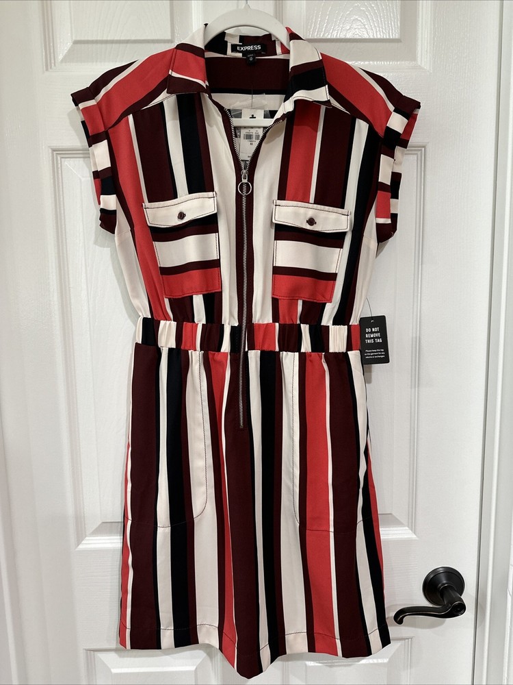 Express XS Dress Front Zip Pockets Elastic Waist Multicolor Stripe NWT SEE NOTE