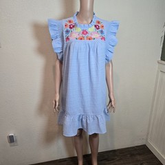 JODIFL Blue Embroidered Dress Large Sleeveless Boho Shift Tunic