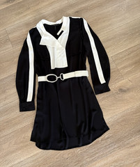 BCBGMAXAZRIA Black/White Colorblock Belted Collared Long Sleeve T-Shirt Dress L