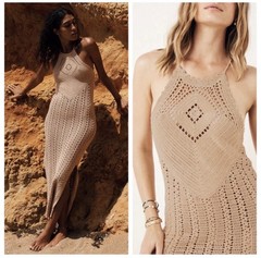 Spell & The Gypsy Collective Beige Crochet Halter Maxi Dress Tassel Open Back M