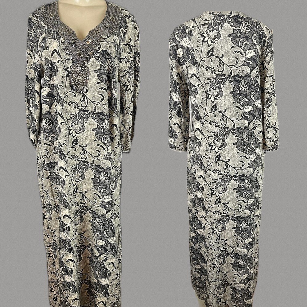 Ellos 14 Gray Floral Split Metallic Beaded Neckline Rayon 3/4 Sleeve Maxi Dress
