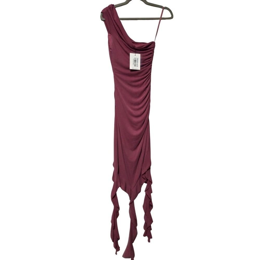 Hello Molly Rust One Shoulder Ruched Ruffle Handkerchief Hem Midi Dress XS US 2