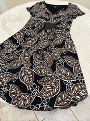 Perception Womens STRETCH Black Brown Beige Floral Fit & Flare Dress 10 Petite