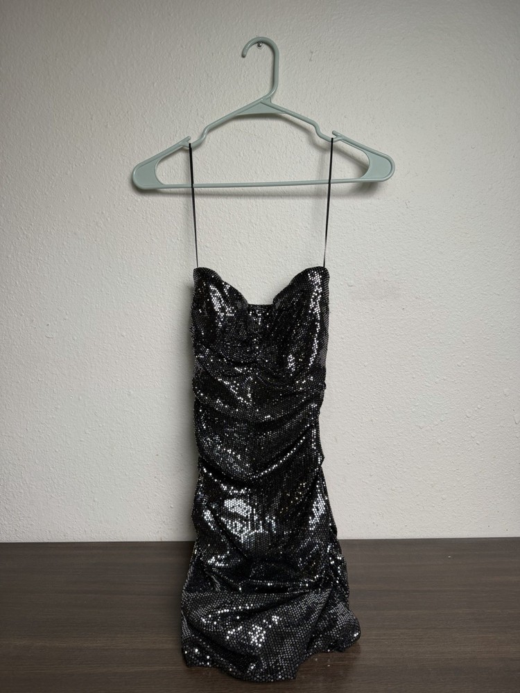 ba&sh Maelle Metallic Dot Sequin Ruched Strapless Mini Dress, Size 0 $345