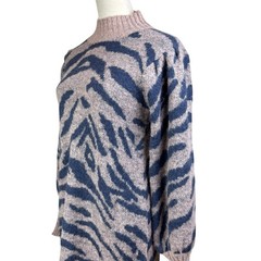 En Saison NWT L Mares Wool Beige Navy Blue Animal Print Rib Knit Sweater Dress