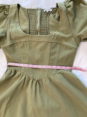 Anthropologie Moon River Olive Puff Sleeve Corset Midi Dress Cotton Smocked Sz M