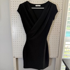 Mango Metallic Shimmer Wrap-Front Bodycon Dress Women&rsquo;s 2 Black Stretch Cocktail