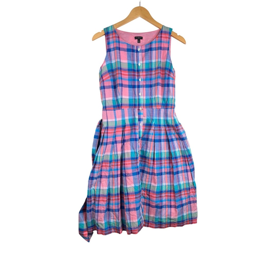 Talbots Madras Sleeveless Button Front Shirt Dress size 2 Petite Blue/Pink
