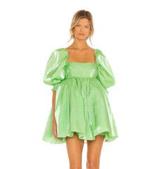 Selkie Avocado Green Puff Dress Shiny Organza Mini Babydoll Women’s Size Small